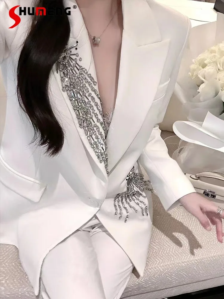 Ladies Exquisite Rhinestone Suit Jackets Women's 2023 Autumn New Feminine Elegant Loose-Fitting Casual Long Sleeve Suit Tops luxury office ladies pant suits rhinestone shoulder long sleeve line single button blazer solid fashion flared trousers 2 piece