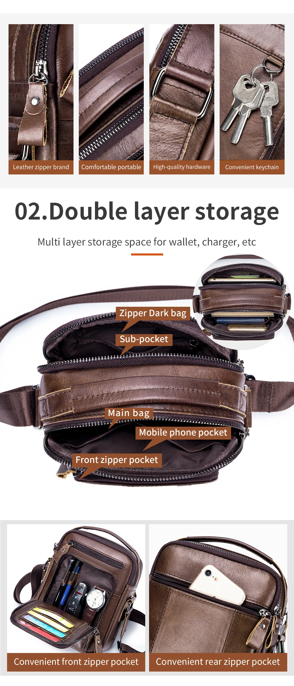Herren-Umhängetasche aus Rindsleder mit Hauptschicht, multifunktionale Einzelschultertasche, trendige Herrentasche im europäischen und amerikanischen Stil – Detail 4