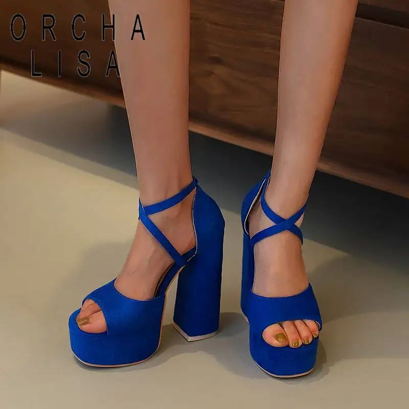

ORCHA LISA Luxry Female Sandals Peep Toe Block Heel 14.5cm Platform 4cm Flock Suede Buckle Strap Sexy Party Shoes Big Size 42 43