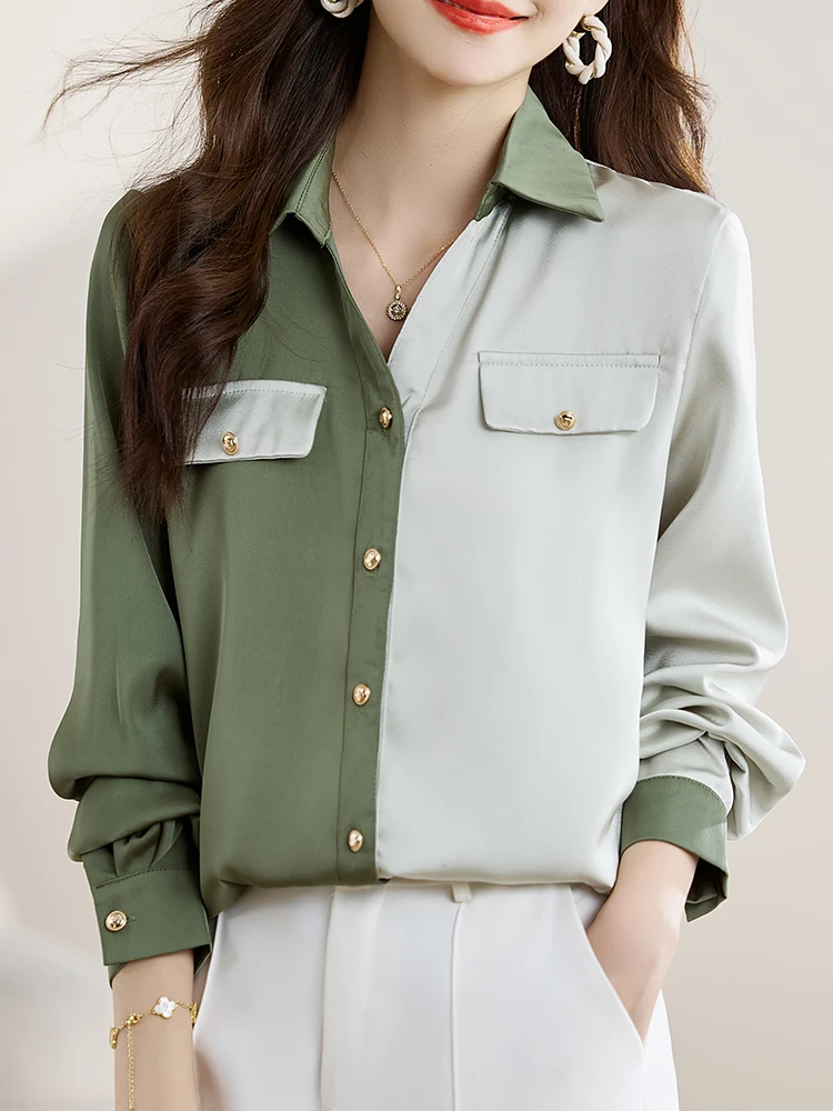 QOERLIN Color Contrast Women's Blouse Satin Silk Shirts Button Down Shirts Casual Loose Long Sleeve Office Work Tunic Tops S-XXL