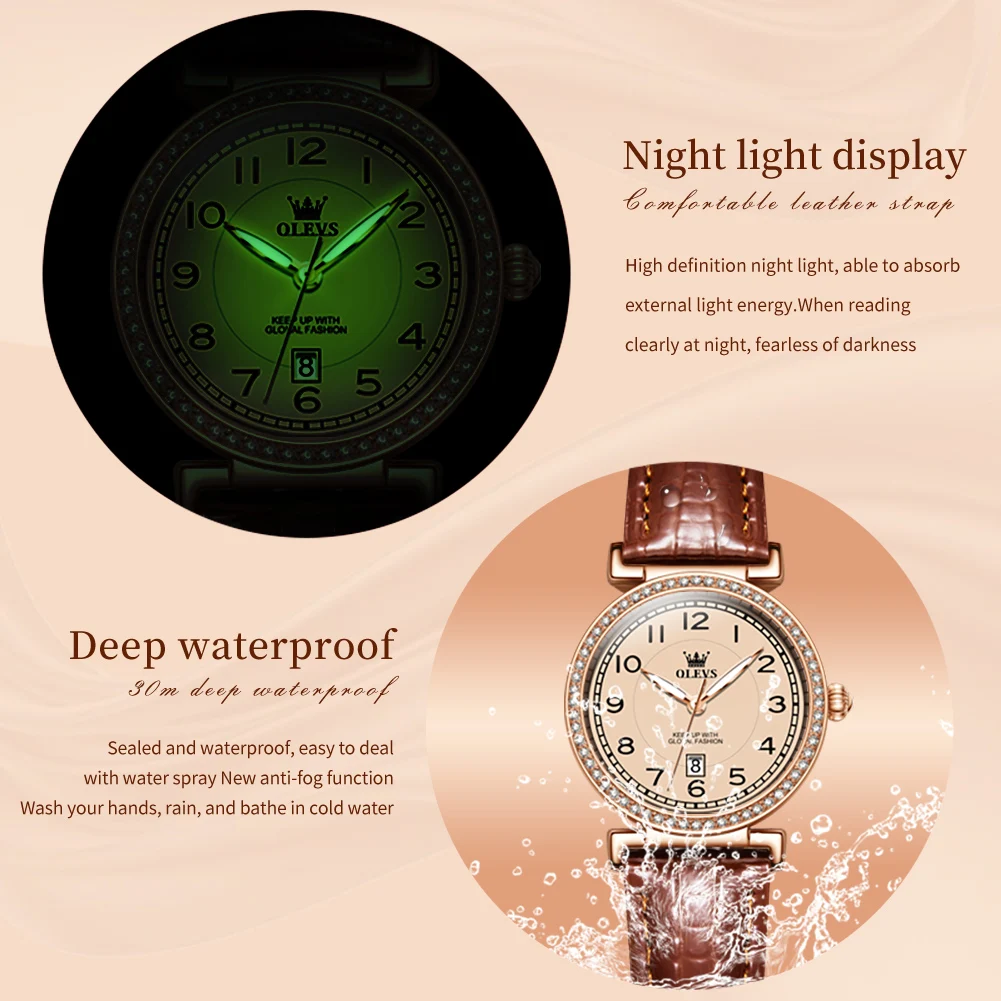 OLEVS Brand Retro Style Wrist Watches For Women Rose Gold Ladies Luxury Brand Genuine Leather Band Quartz Clock Zegarek Damski