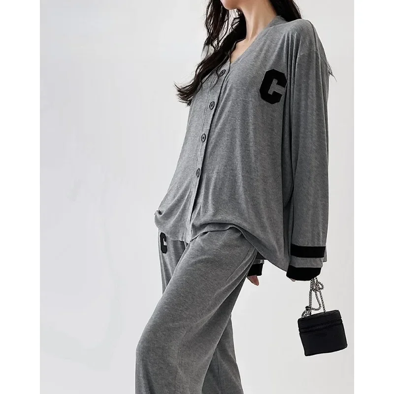 2024 King Size Slouchy Style Sleepwear Long Sleeve Pajama Women's New Fashion Homewear Thin Simple V-neck Loose Loungewear Set