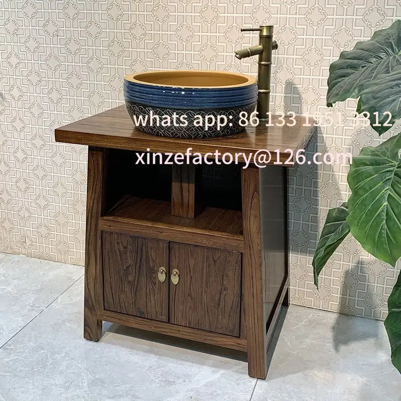 ตู้ห้องน้ำไม้เนื้อแข็งแบบย้อนยุค พร้อมอ่างล้างหน้าแบบโบราณ ปรับแต่งได้ เหมาะสำหรับอพาร์ทเมนต์ขนาดเล็ก 1