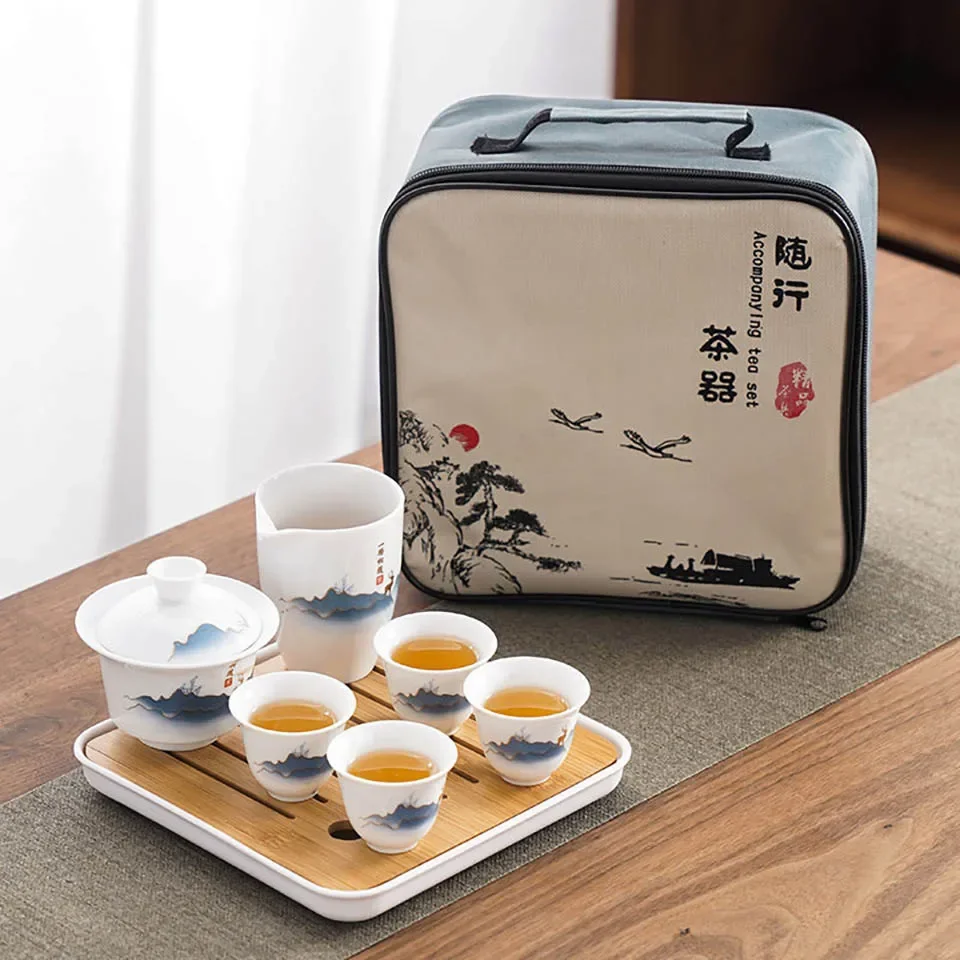 Ceramic Chinese Kung Fu Tea Set Suitable For Travel Camping Portable Gaiwan Tea Tray With 4 Cups tea infuser tea cup tea ceremony tools tea set