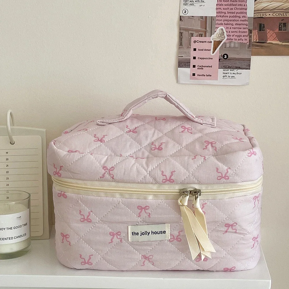 2024 Pink Bowknot Quilting Women Cosmetic Bag Portable Zipper Makeup Travel Organizer Female Handbag Toiletry Pouch For Girls 4