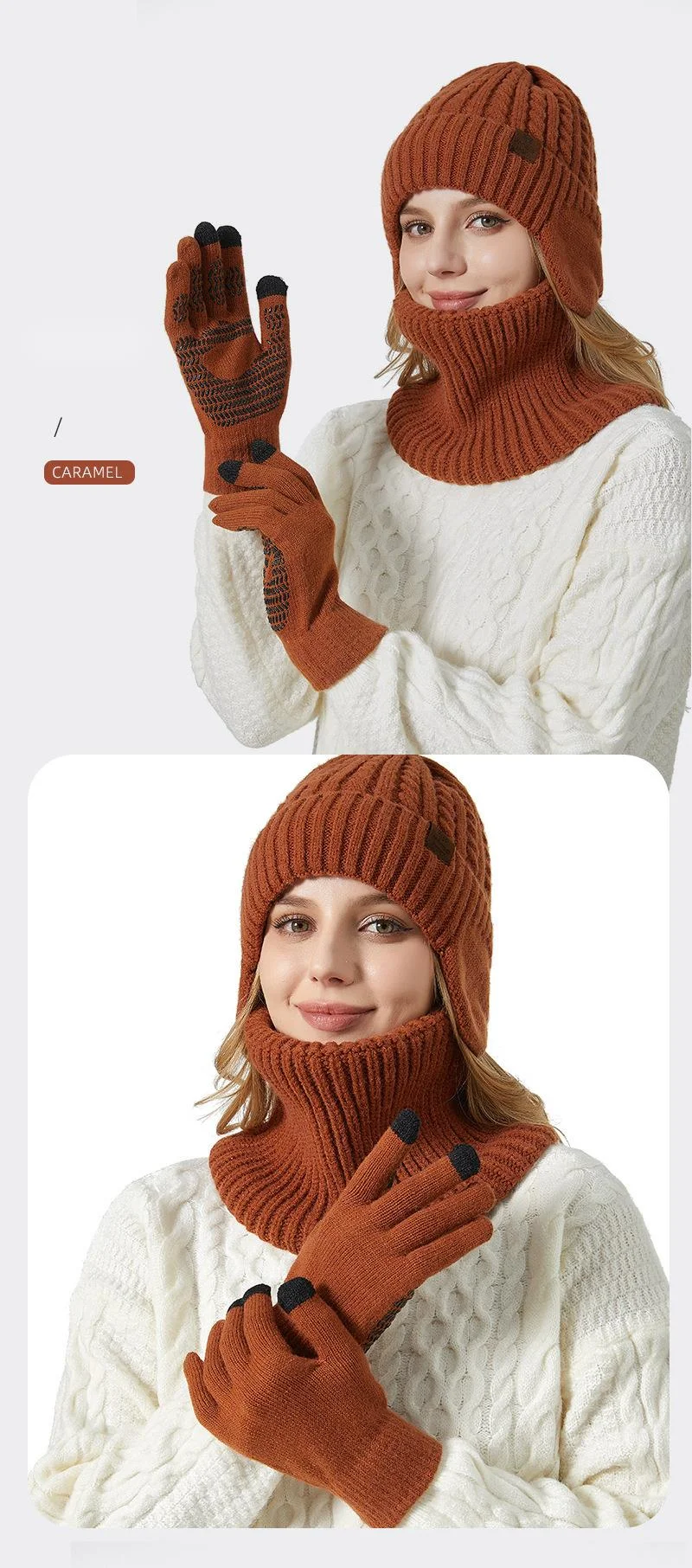 Nouveau bonnet tricoté en velours pour protection des oreilles, écharpe, gants pour écran tactile, combinaison chaude, bonnet en laine chaud d'extérieur pour hommes_voghion.com