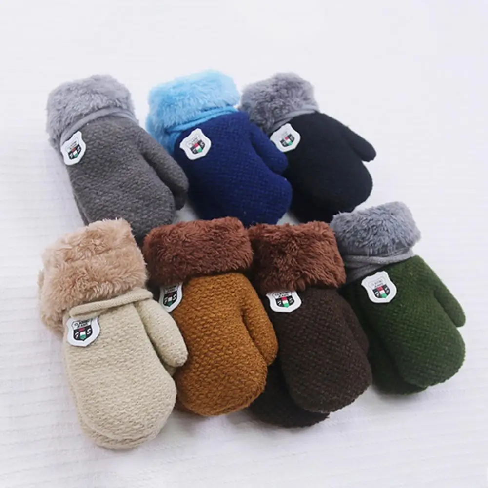 Winter Gloves Casual Comfy Halter Cartoon Logo Solid Color Baby Knitting Mittens for Outdoor Children Mittens Kids Mittens