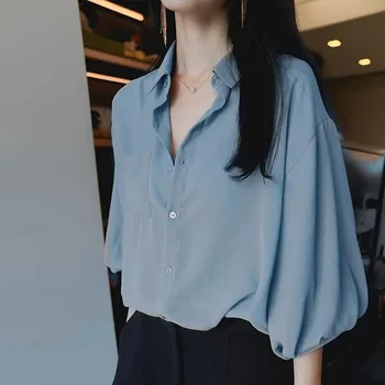 Women’s Loose V-Neck Chiffon Tunic – Lantern Sleeve Korean Style Top