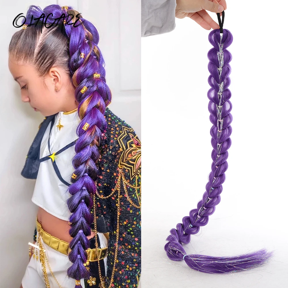 32 pouces tressé violet cheveux queue de cheval avec guirlandes perruque Super Extensions brillant guirlandes cheveux pour enfants noël Cosplay Rumi cheveux