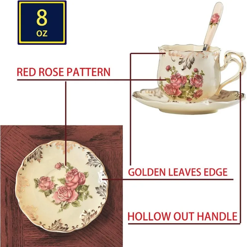 Tea Cups and Saucers Set of 6, 8 Oz Vintage Floral Porcelain Tea Cups Set, Coffee with Golden Rack