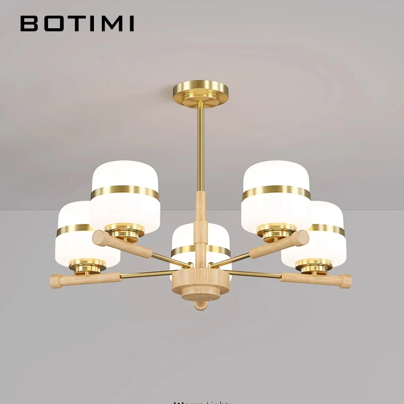 

BOTIMI Solid Wood Chandelier With Glass Lampshades For living Room Metal Arms Bedroom LED Lustres Dining Lights Bedroom