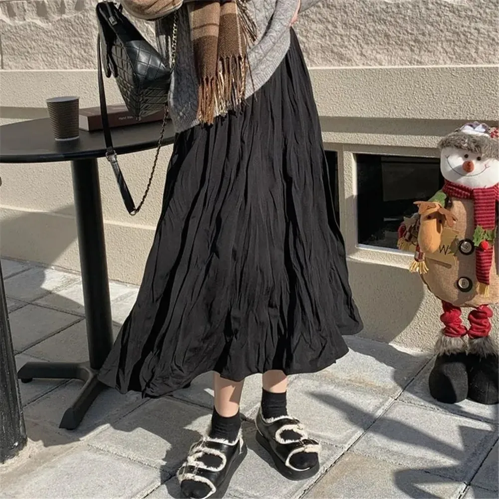 Japanese Elegant Irregular Wrinkled Long Skirt Women High Waist Wrinkled Black White Pleated Skirt 2022 Korean Gothic Midi Saia