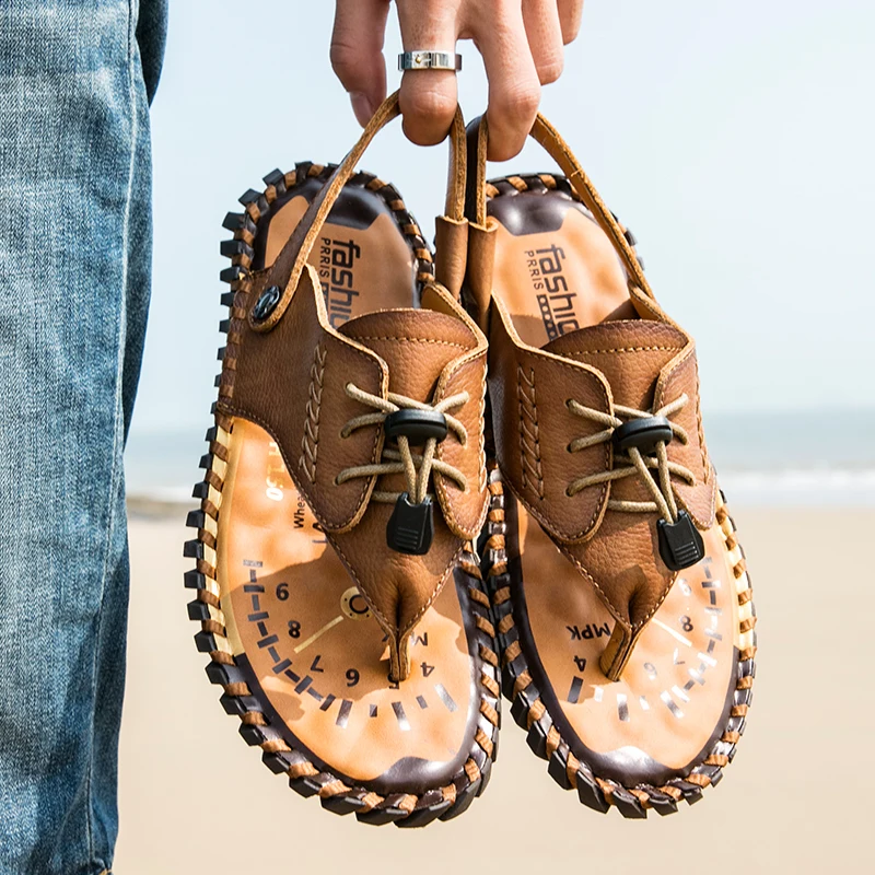 Genuine Leather Sandals Men Cow Leather Half Drag Quick Dry Beach Flip Flops Summer Outdoor Footwear Male Dual-Purpose Slippers