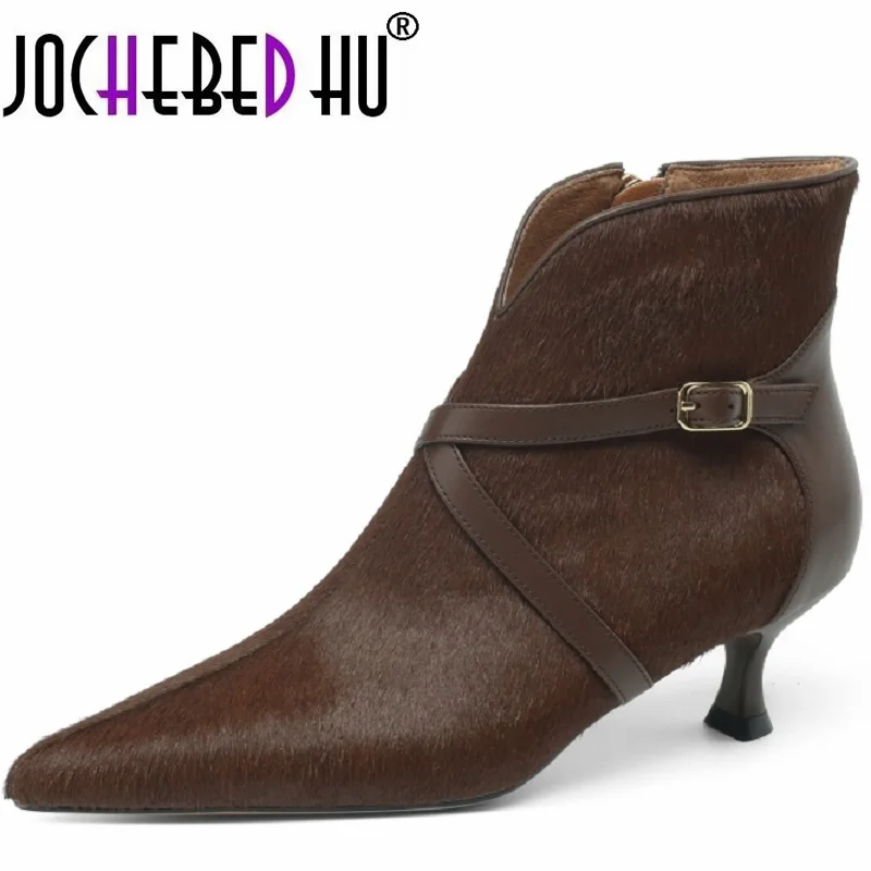 

【JOCHEBED HU】New Winter Horsehair Genuine Leather Pointed Toe Short Boots for Fashion Ankle Boot Concise Ladies Shoes 34-40