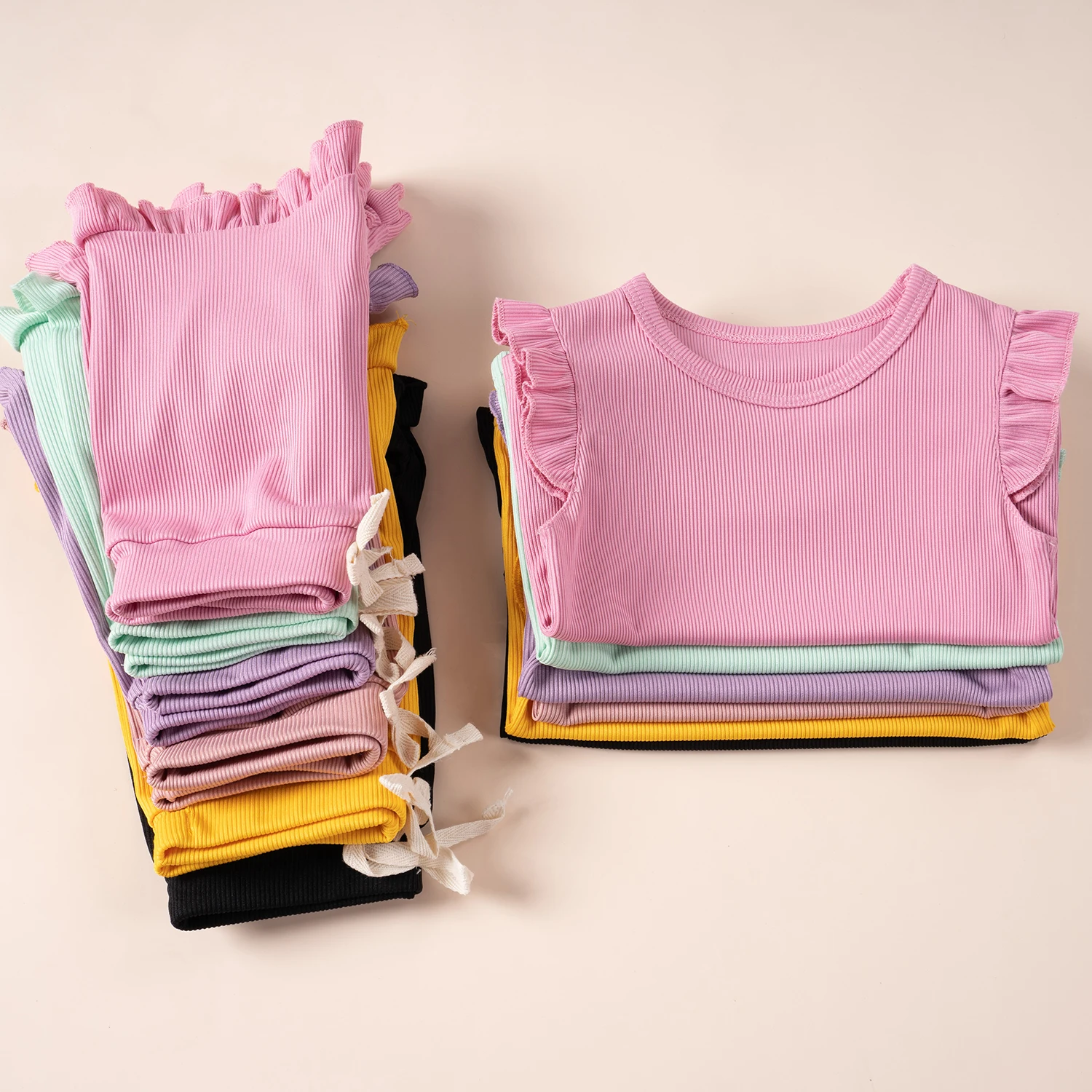 Kids Clothing Set, Girls Clothing Set Toddler Girl's Solid Color Outfit 2pcs Flutter Sleeve Top & Shorts Set Kid's Clothes Infant Girl's Clothes for Daily/Holiday