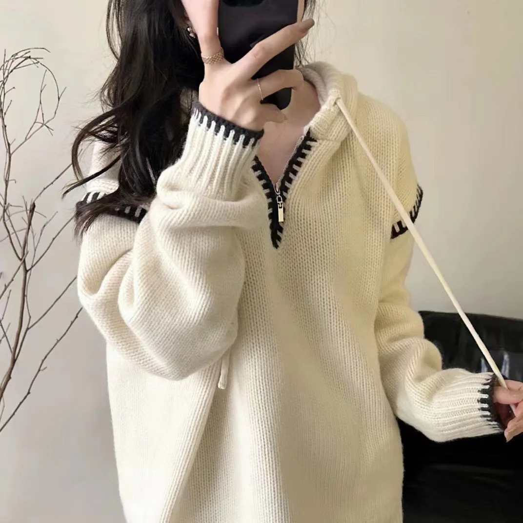 

Autumn and winter new half-zipper hooded sweater women's thick pullover women's knit top trend