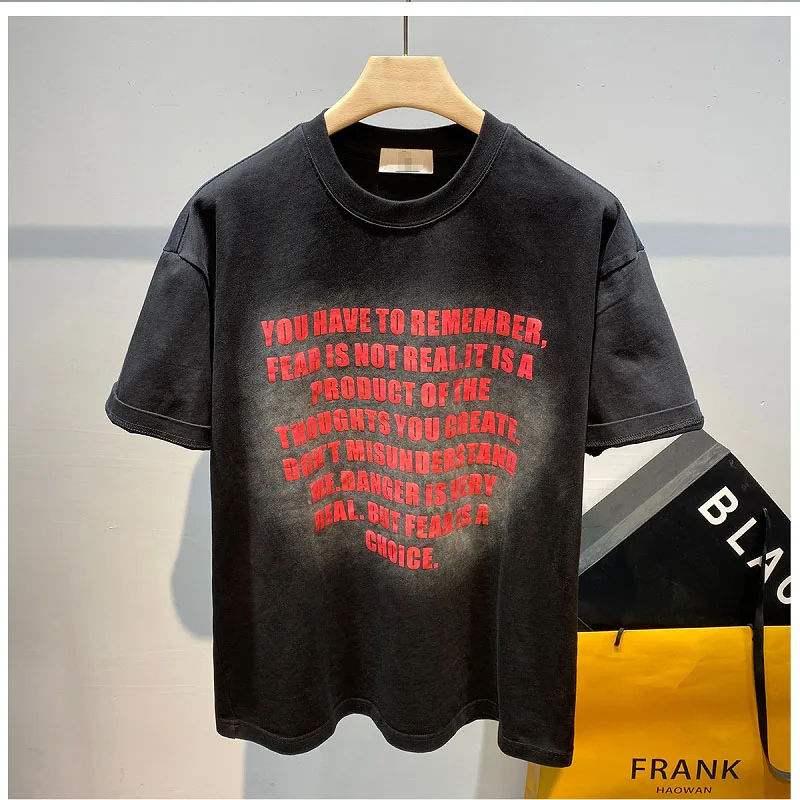 

Korean Vintage Short Sleeved T-shirt Men Trend Letter Printing Half Sleeve Loose Casual Solid Color Round Neck Comfortable Tops