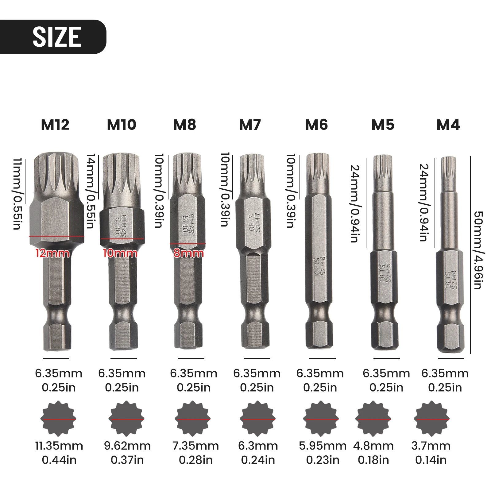 7 teile/satz 50mm 12-Punkt-Torx-Schraubendreher Bit Sechs kant schaft magnetischer elektrischer manueller Schrauben dreher Bohrer Werkzeug m4 m5 m6 m7 m8 m10 m12 – Detail 3