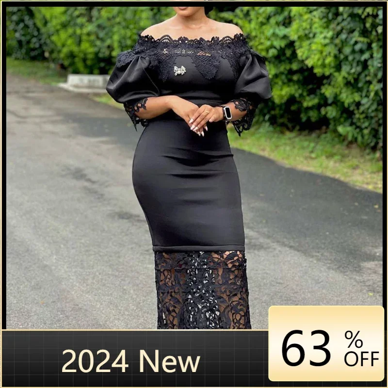 Spring Summer Fashion Lantern Sleeves Slim Dress African Women Office Ladies Solid Round Neck Work Knee Length Dress Women aiovox off the shoulder prom dress draped ruffles evening gown 3 4 sleeves ruched satin knee length vestido de noche for women