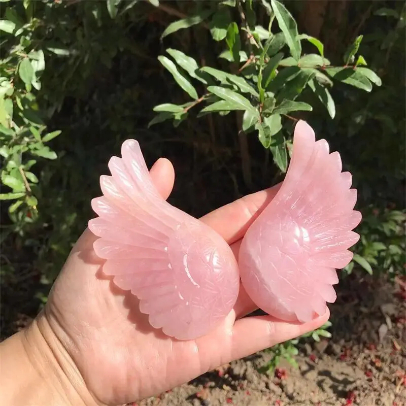 

Natural Rose Quartz Carved Crystal Wings Statue Healing Feng Shui Aesthetic Reiki Home Room Decoration