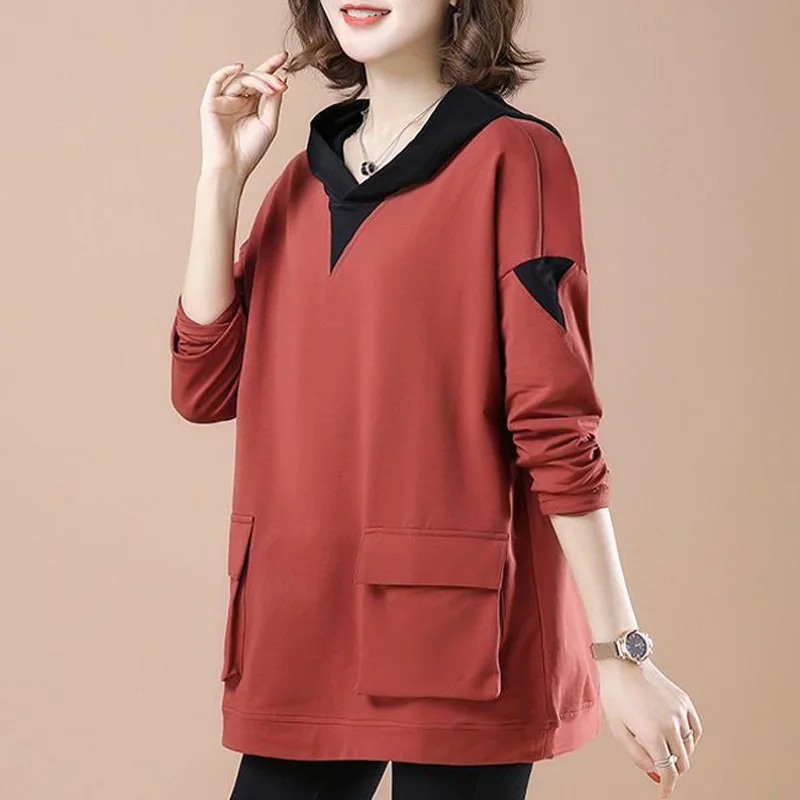 2023 New Spring and Autumn Fashion Design Fake Two Piece Hooded Panel Pocket Loose Relaxed Oversize Women's Mid Length Sweater