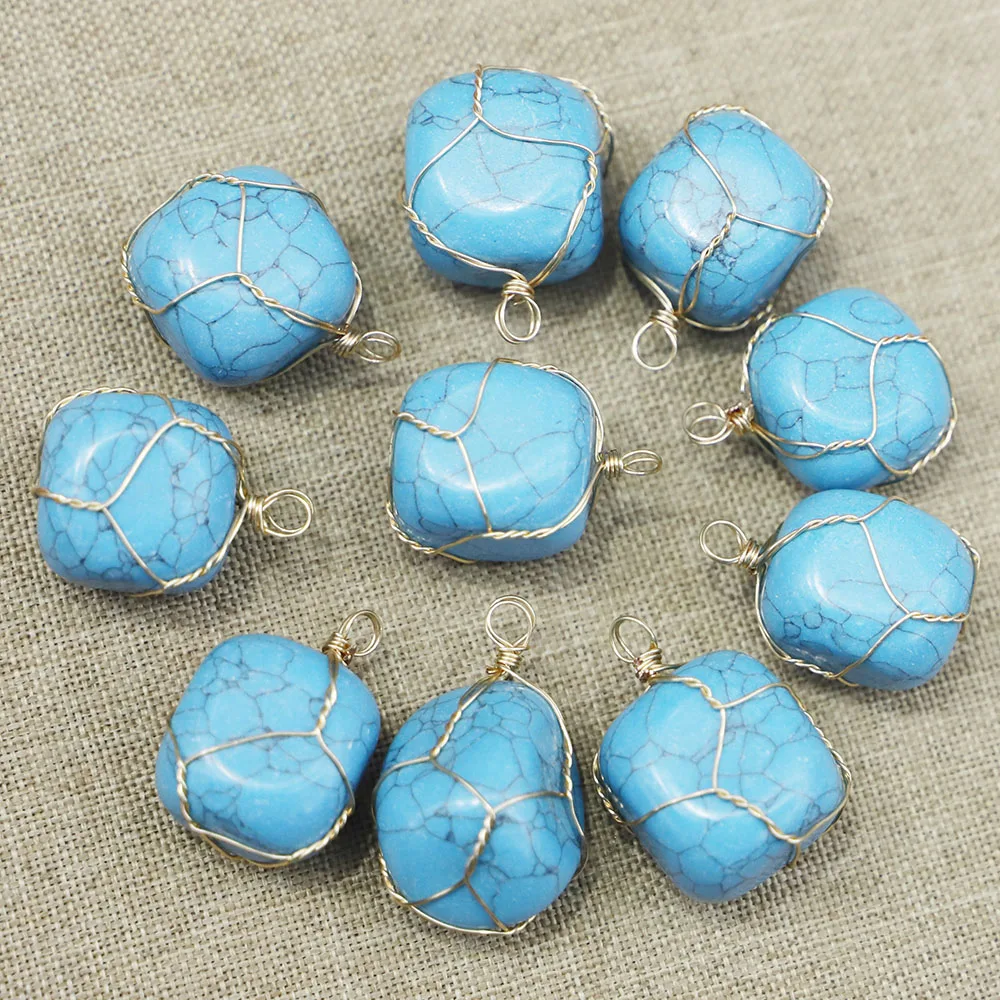 Natural Stone Gold Line Wire Winding Necklace Pendants Irregular Multicolor Quartz Crystal Agate Charms Jewelry Accessories 8Pcs