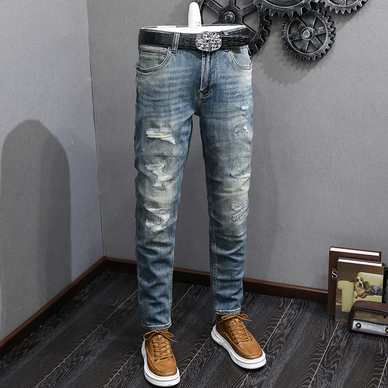 Fashion Designer Men Jeans High Quality Retro Washed Blue Stretch Slim Fit Ripped Jeans Men Patched Vintage Denim Pants Hombre