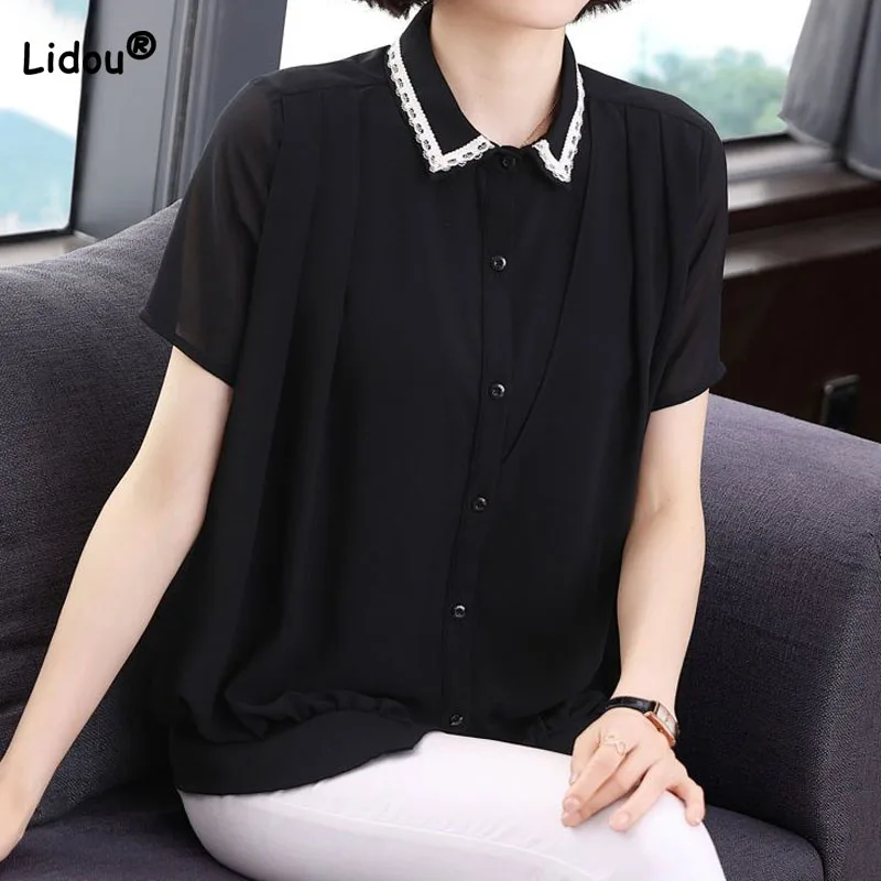 Summer Fashion Elegant Turn-down Collar Chiffon Shirt Women's Clothing Casual Korean Lady Single-breasted Simplicity Blouse