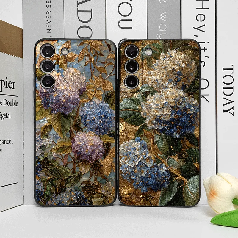 Blue Hydrangea Pattern Frosted Soft Phone Case with Abstract Flower Design