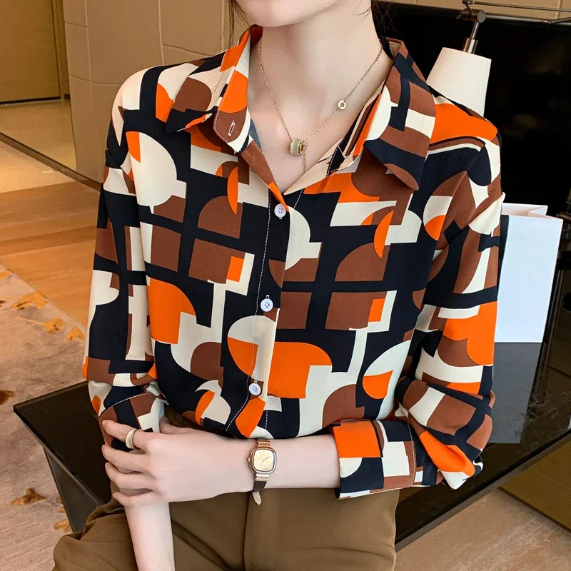 Prints Vintage Blouses Summer Loose Fit Long Sleeves Floral Women Tops Polo-neck Fashion Clothing Chiffon Women's Shirts