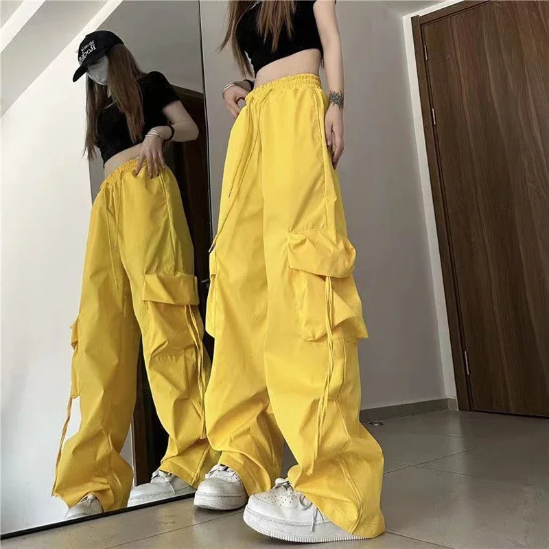 

2024 Women Y2K Cargo Pants Solid Low Waist Joggers Tech Pants Drawstring Wide Leg BaggyHip Hop Trousers Streetwear Sweatpants