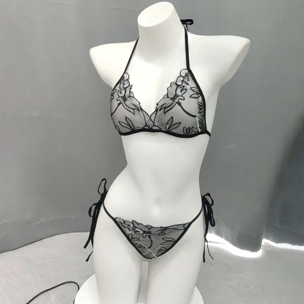 Women's Sexy Transparent Lingerie Set Lace Breathable Underwear Sheer Bra Panties Ladies Low Rise G-strings Elastic Thongs