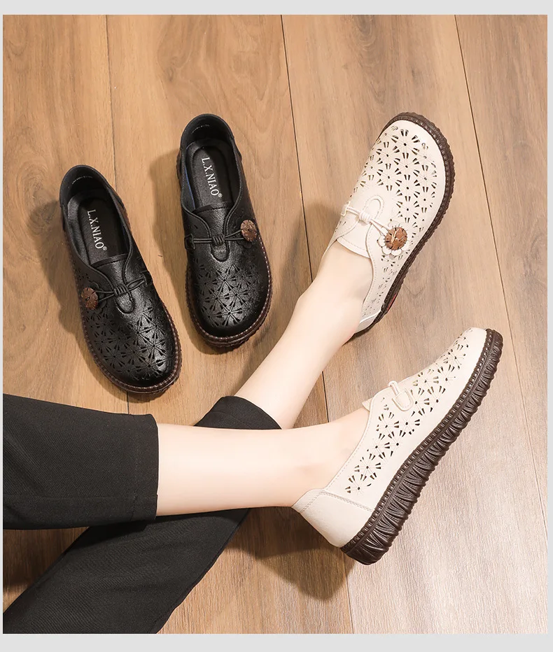 Spring Casual Sneakers Women Shoes Genuine Leather Slip-On Flat Shoes Hollow Out Breathable Women's Shoes Plus Size