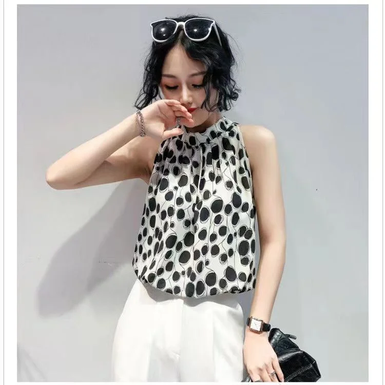 

YIHUA Korean Style Halter Sleeveless Floral Chiffon Blouse Women's Loose Sweet Elegant Western Style Small Shirt Thin Top