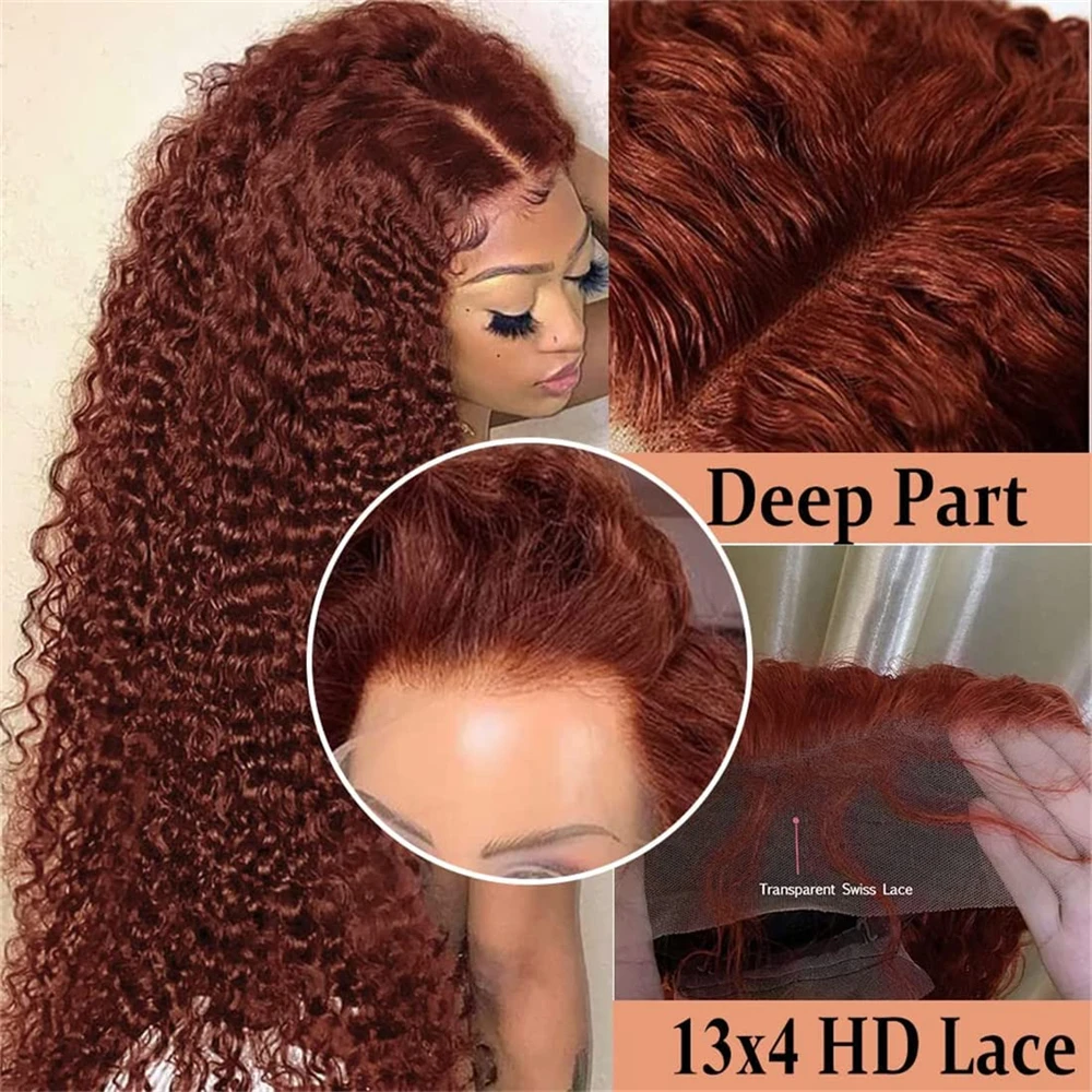 4x4 Closures Wig Reddish Brown Water Wave Lace Front Wig 180% Density Copper Red Curly Human Hair Wigs 13x6 HD Lace Frontal