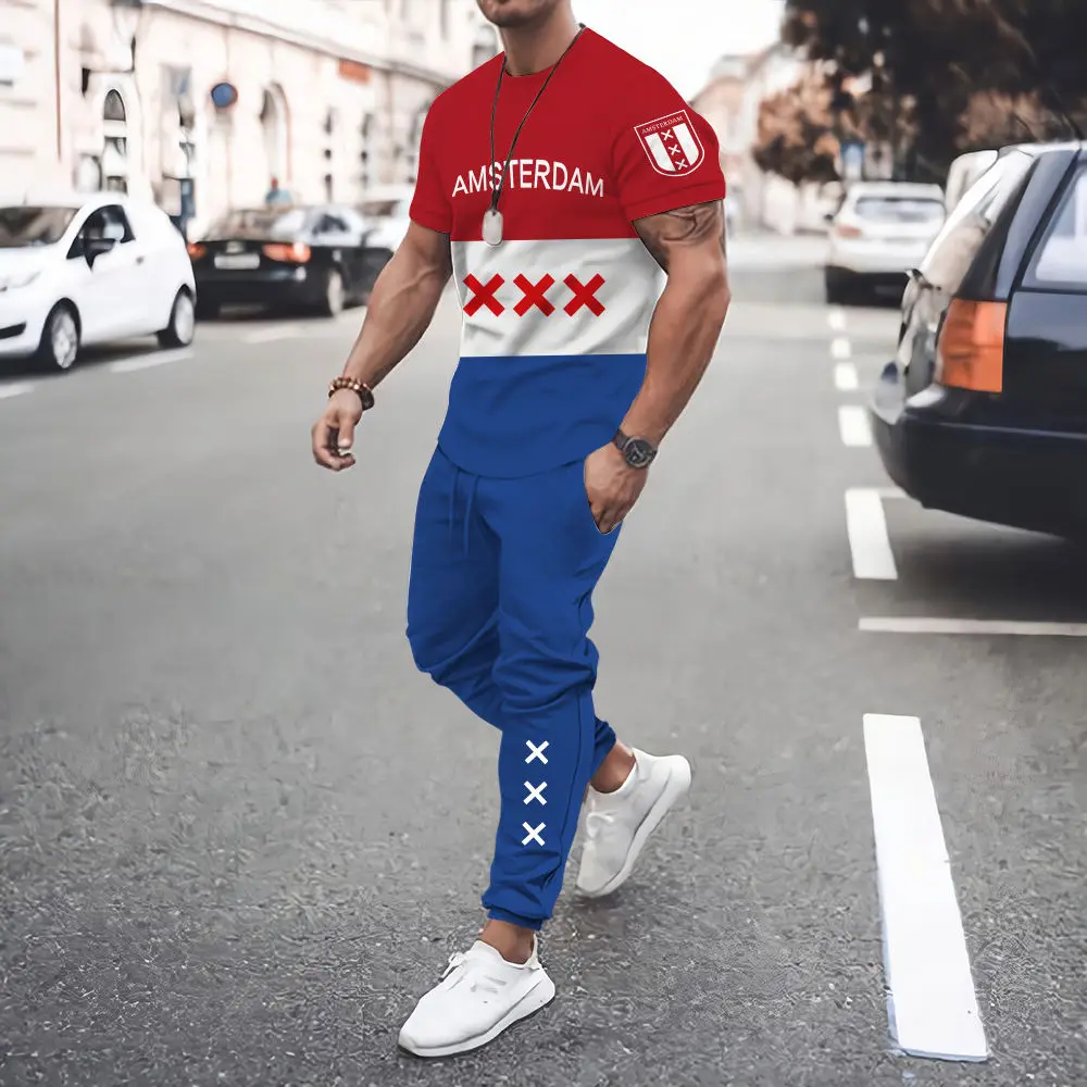 Dutch Tracksuits T Shirt Trousers Men Street Style Short-Sleeve Pants Set Casual Round Neck T Shirt Loose Sports Suit 6xl men s suit embroidery brand spring autumn winter new sports hoodie jacket two piece trousers fashion casual hip hop street suit