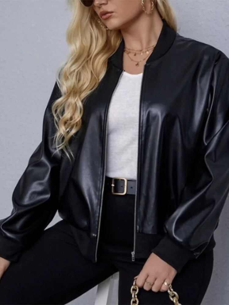 

Plus Size Black Jacket For Women Fashion PU Leather Lady Coat Jackets With Zipper Outerwear Long Sleeve O Neck High Street Top