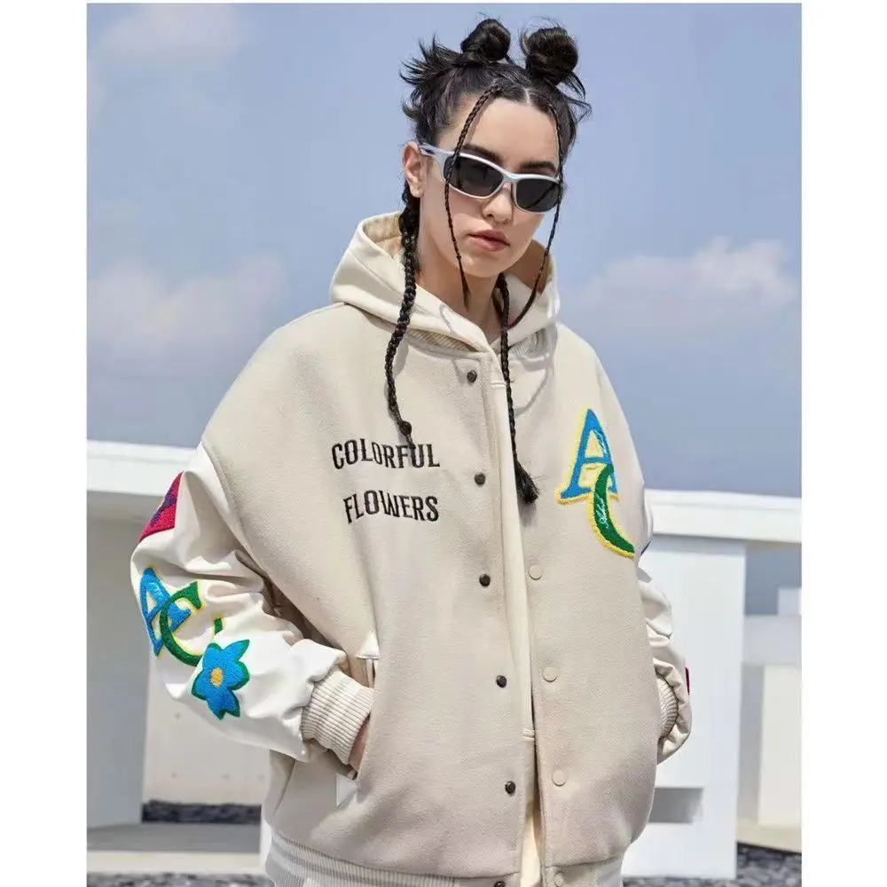 Bomber Jacket Men Color-blocking Flower Embroidered Flocking Varsity  Jackets Outerwear Oversized Casual Windbreaker Coats Unisex