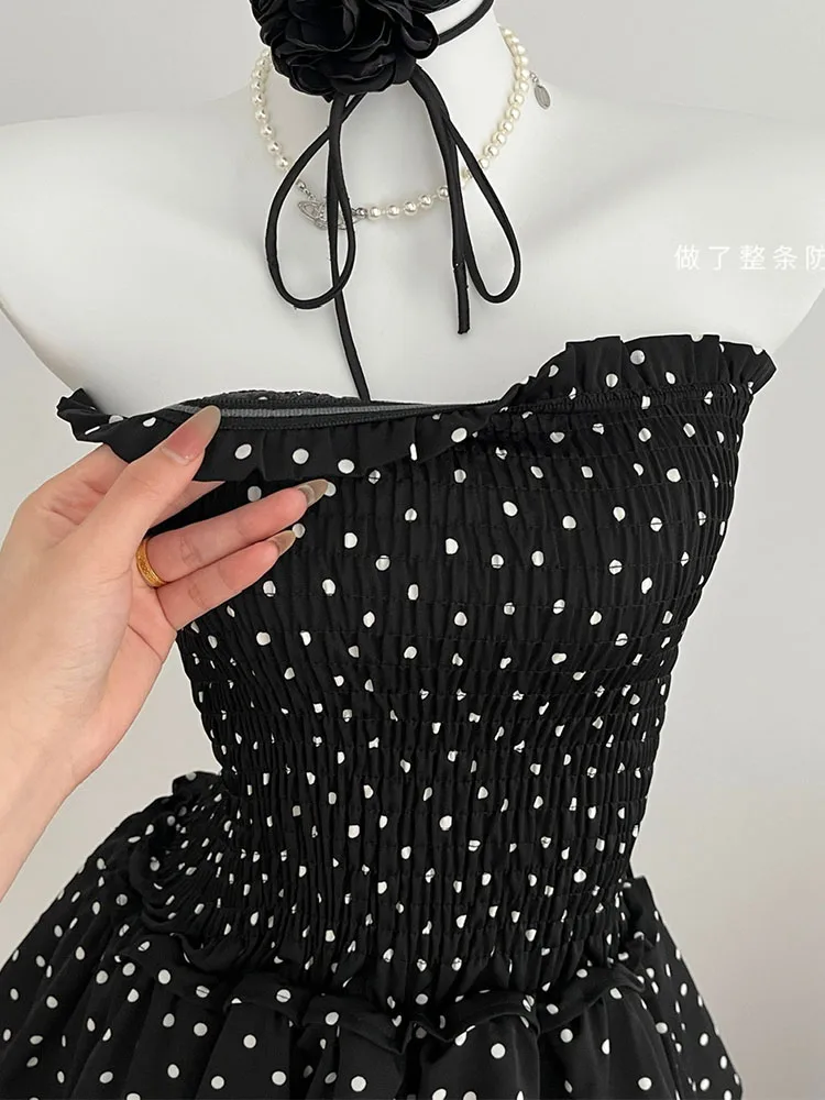ワンオフプリント ストラップレス ミニドレス Gyaru-黒いドットのプリントストラップレスドレス,女性用