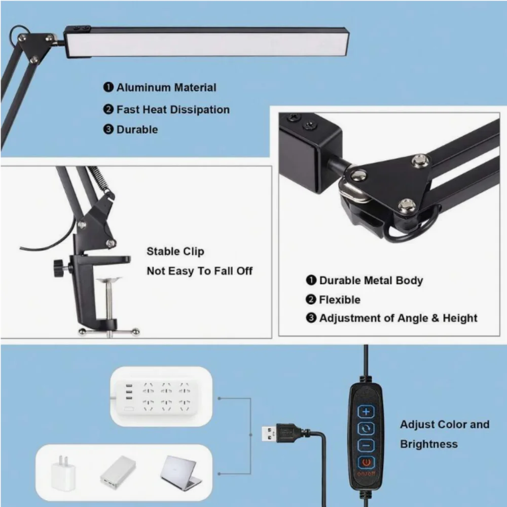 Adjustable Eye-Caring LED Desk Lamp with Clamp - 3 Color Modes & 10 Brightness Levels for Home, Reading, and Study