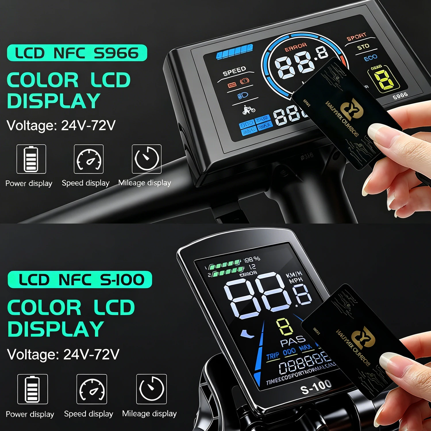 E-바이크 35A 브러시리스 모터 사인파 컨트롤러 24V36V48V52V 1000W1500W S966 NFC LCD 디스플레이(PAS 스로틀 키트 포함) 전동 스쿠터용