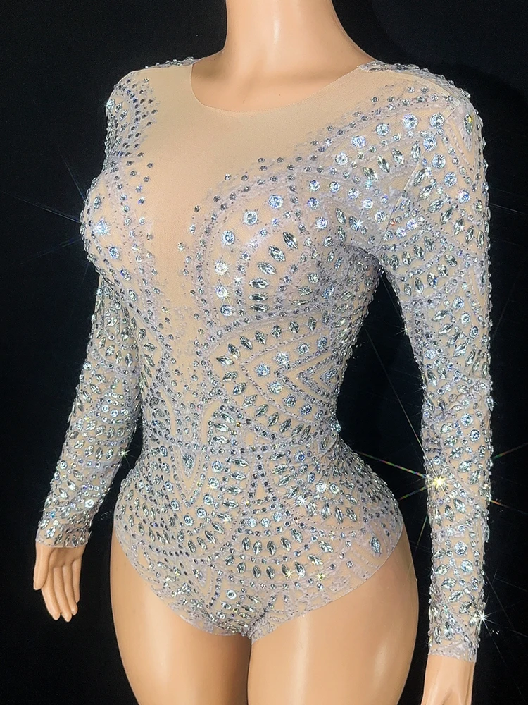 Sparkly Rhinestones Long Sleeve Mesh Transparent Bodysuit Sexy Dance Costume Performance Club Leotard Stage Wear dance dress rhinestones dress women dance costume stage performance costume