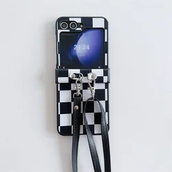 Black White Checkered Phone Case with Necklace Lanyard Lattice Cover - Galaxy ZFlip 7FE (BlackWhite)