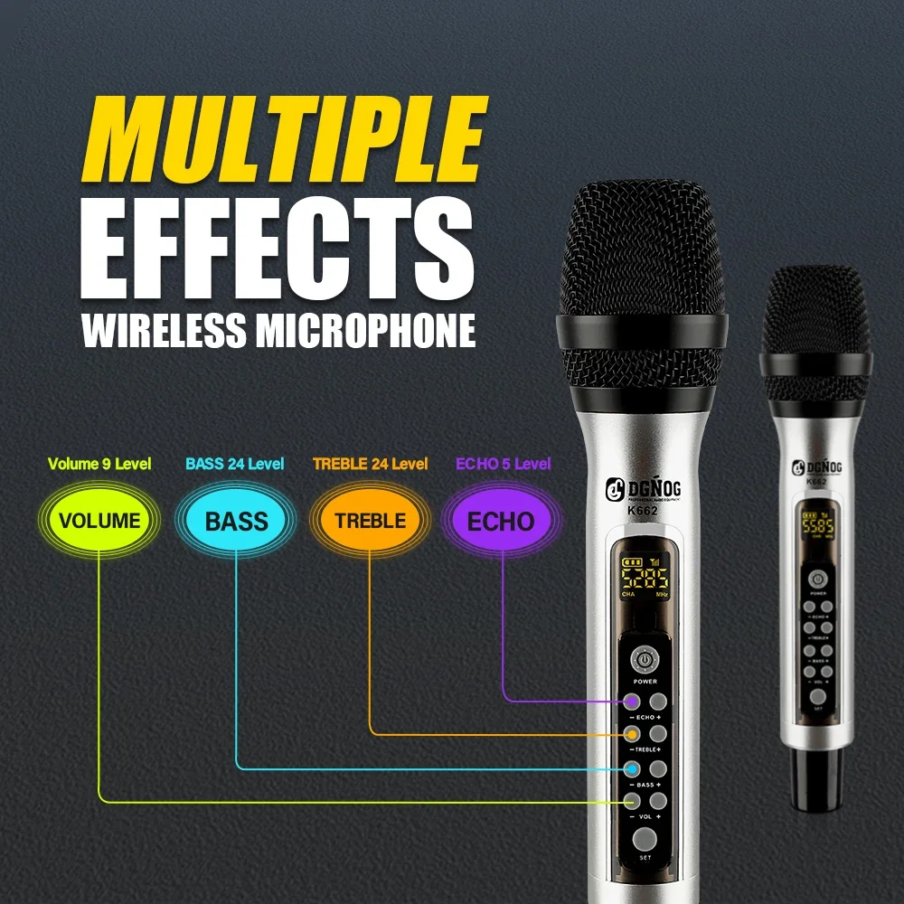 Canais de Metal Microfone sem Fio com Eco Agudos Baixo Karaoke Uhf Duplo Handheld Dinâmico Sistema Microfone para Cantar pa Alto-falante 2 - Image 2