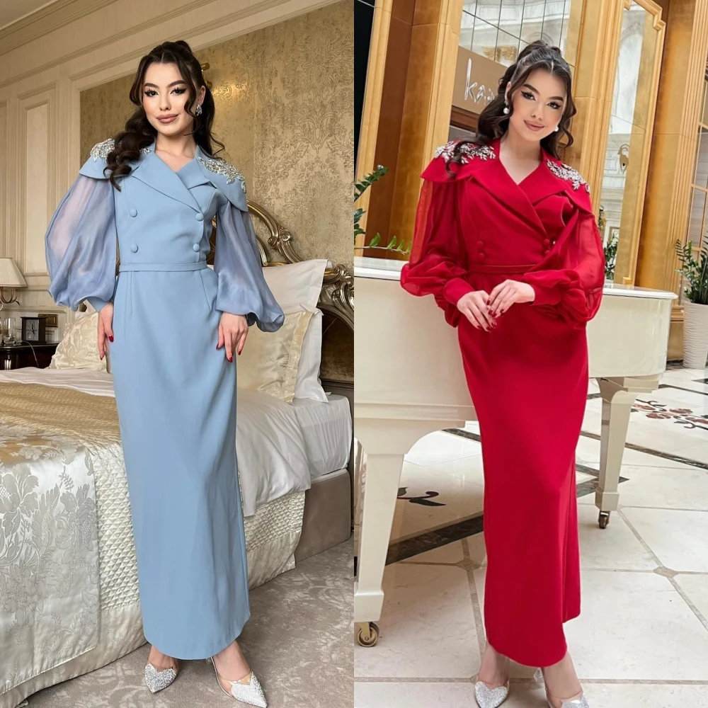 Prom Dress Satin Button Beading Formal Evening A-line V-neck Bespoke Occasion Dress Ankle Length Saudi Arabia