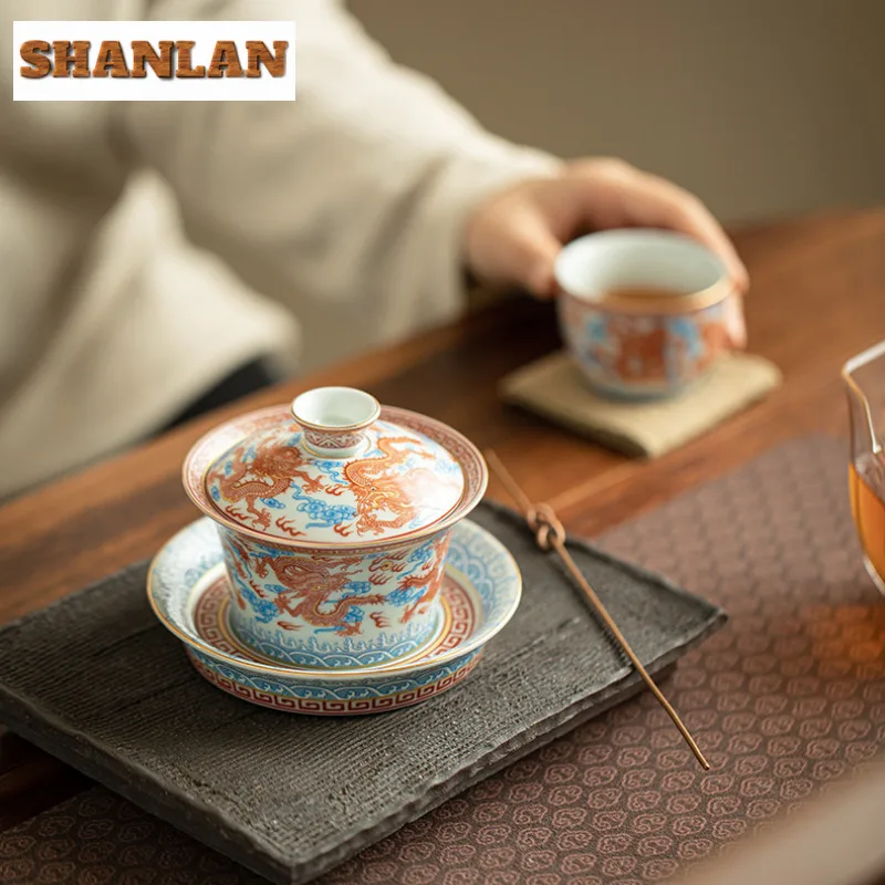 Handmade Jingdezhen Horseshoe Cover Bowl Alum Red Blue And White Teacup Chinese Dragon Tea Tureen Brewing Gaiwan Kung Fu Teaware