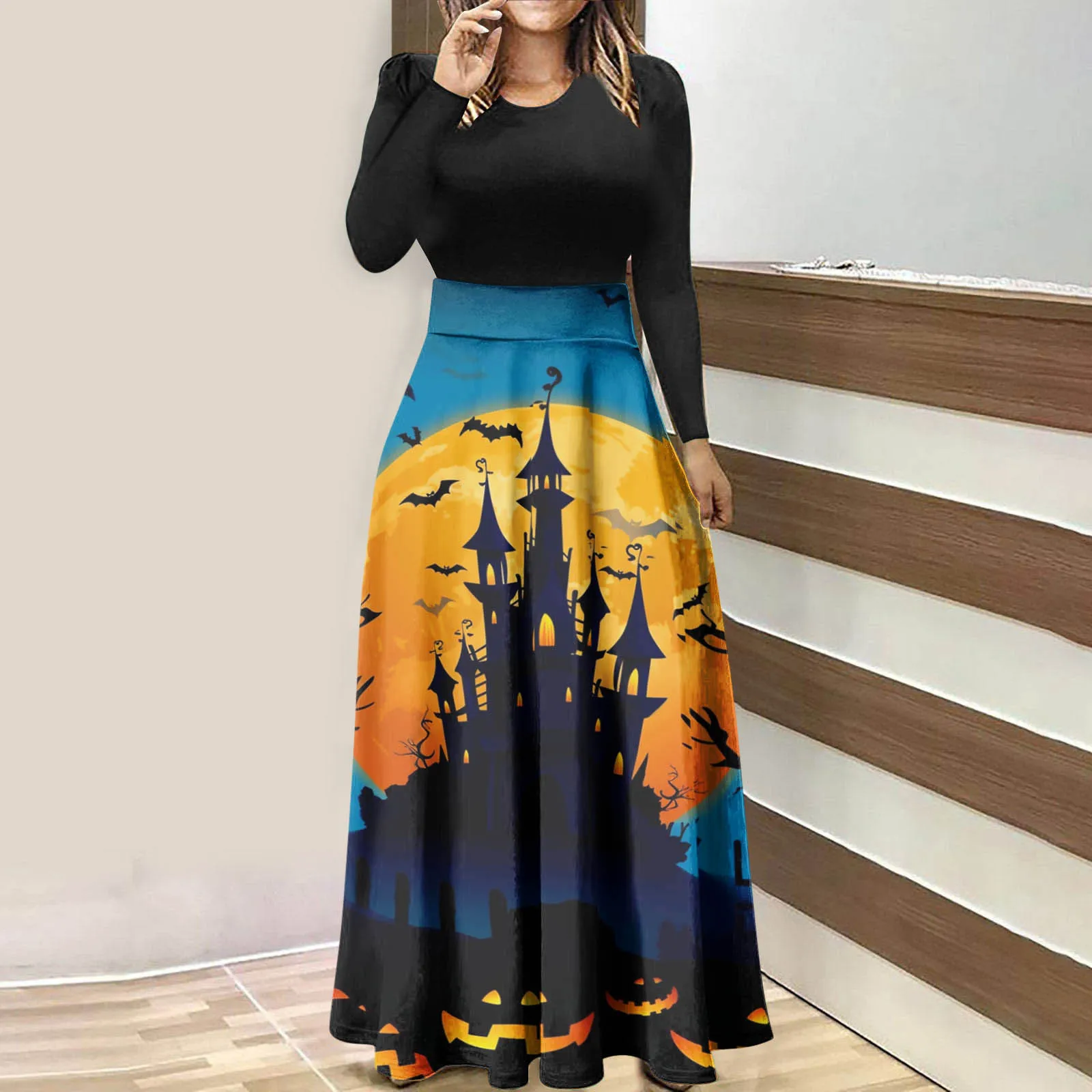 

Womens Halloween Dresses Long Sleeve Crewneck High Womens Dresses for Summer Sundresses for Women Casual Beach with Sleeves