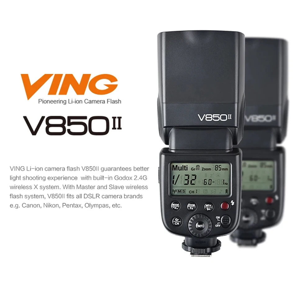 고독스 V850II 키트 GN60 2.4G 1/8000초 HSS 리튬이온 카메라 플래시 1.5초 재사용 시간 카메라 스피드라이트 캐논 니콘 용