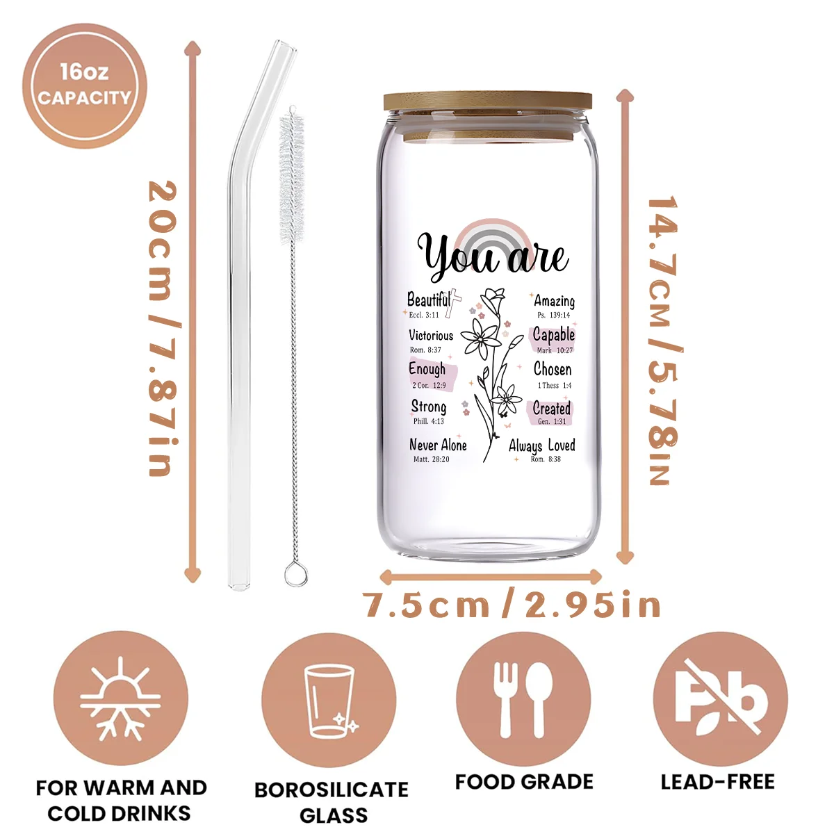 1pc, 16oz Glass Tumbler Set-Perfect Christian Gifts for Women, Includes Straws and Brush-Ideal for Coke, Coffee, Milk Tea