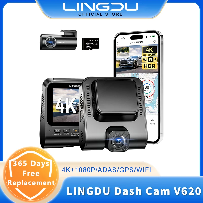 LINGDU ADAS Dash Cam V620, 4K front and rear WiFi GPS motion detection parking mode timeline playback 1080P